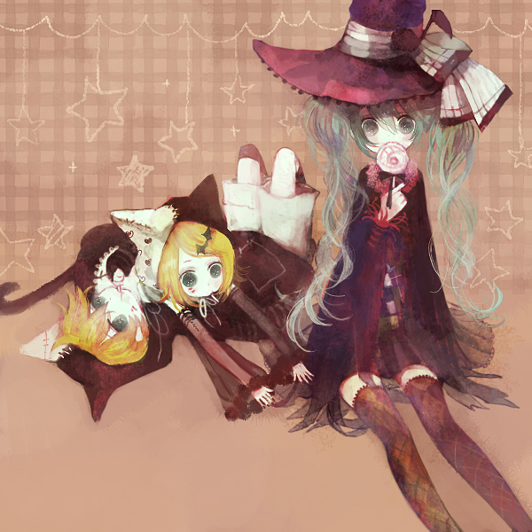 pechika, hatsune miku, kagamine len, kagamine rin, vocaloid, argyle legwear, bad id, bad pixiv id, 1boy, 2girls, animal ears, aqua hair, argyle clothes, blonde hair, candy, cat ears, cat tail, chibi, detached sleeves, food, hair ornament, hairclip, hat, lollipop, multiple girls, patterned legwear, ribbon, short hair, shorts, siblings, sisters, swirl lollipop, tail, thighhighs, twins, twintails, witch hat