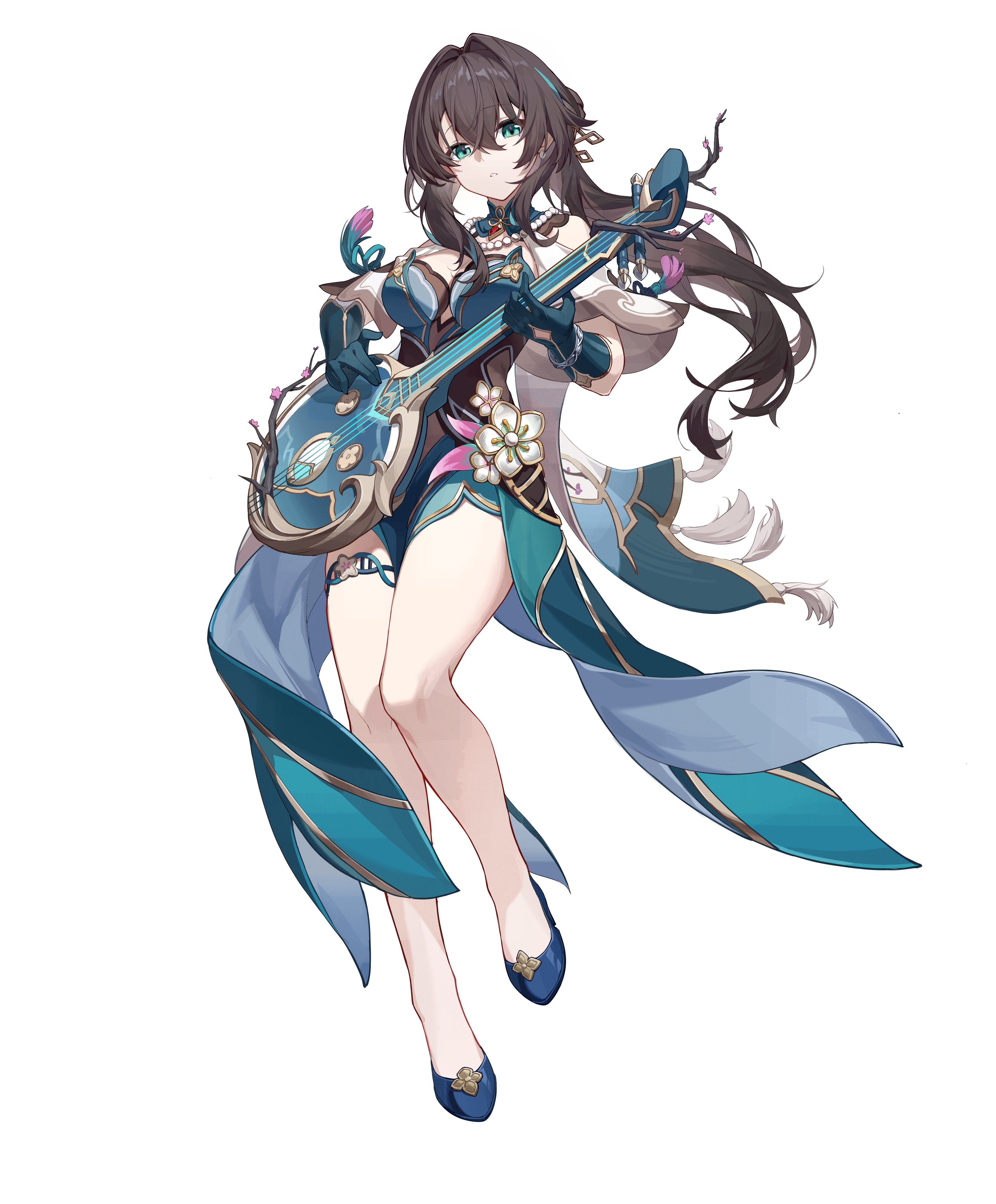fenlinhuoshan, ruan mei (honkai: star rail), honkai: star rail, honkai (series), absurdres, highres, 1girl, aqua hair, black hair, blue gloves, breasts, brown hair, dress, flower, full body, gloves, green eyes, hair between eyes, holding, holding instrument, instrument, leg ribbon, long hair, looking at viewer, multicolored hair, music, playing instrument, ribbon, ruan, simple background, smile, solo, streaked hair, thigh strap, white background