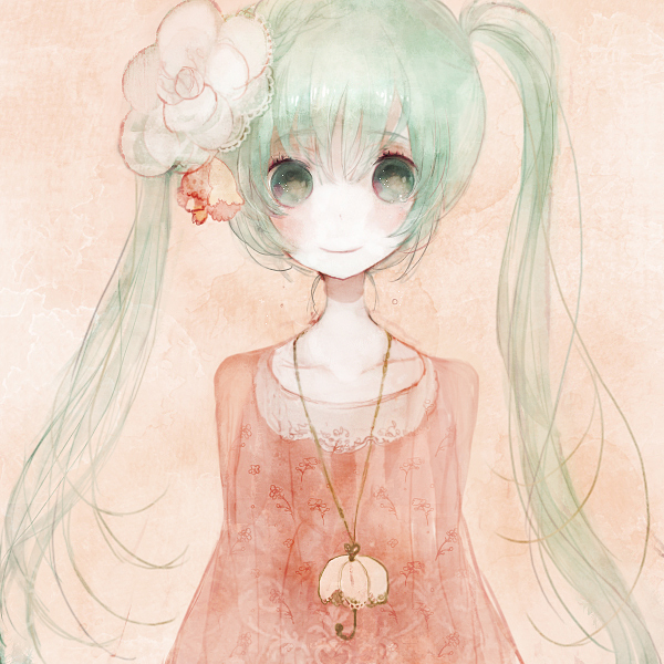 pechika, hatsune miku, vocaloid, bad id, bad pixiv id, aqua eyes, aqua hair, chibi, flower, smile, twintails, umbrella