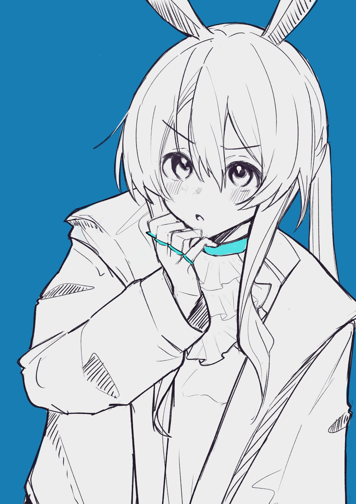 ha (huton in mach), amiya (arknights), arknights, commentary, highres, 1girl, :o, animal ears, ascot, blue background, blue collar, blush, collar, hair between eyes, hand on own chin, hatching (texture), jacket, jewelry, linear hatching, long hair, long sleeves, looking at viewer, multiple rings, open clothes, open jacket, parted lips, partially colored, ring, sidelocks, simple background, solo, split mouth, upper body