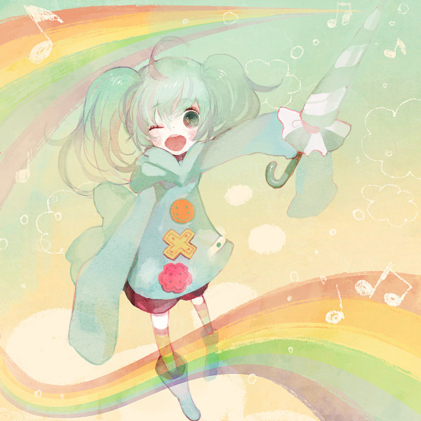 pechika, hatsune miku, rainbowder (vocaloid), vocaloid, aged down, aqua eyes, aqua hair, chibi, one eye closed, rainbow, rainbow path, solo, thighhighs, twintails, umbrella, wink