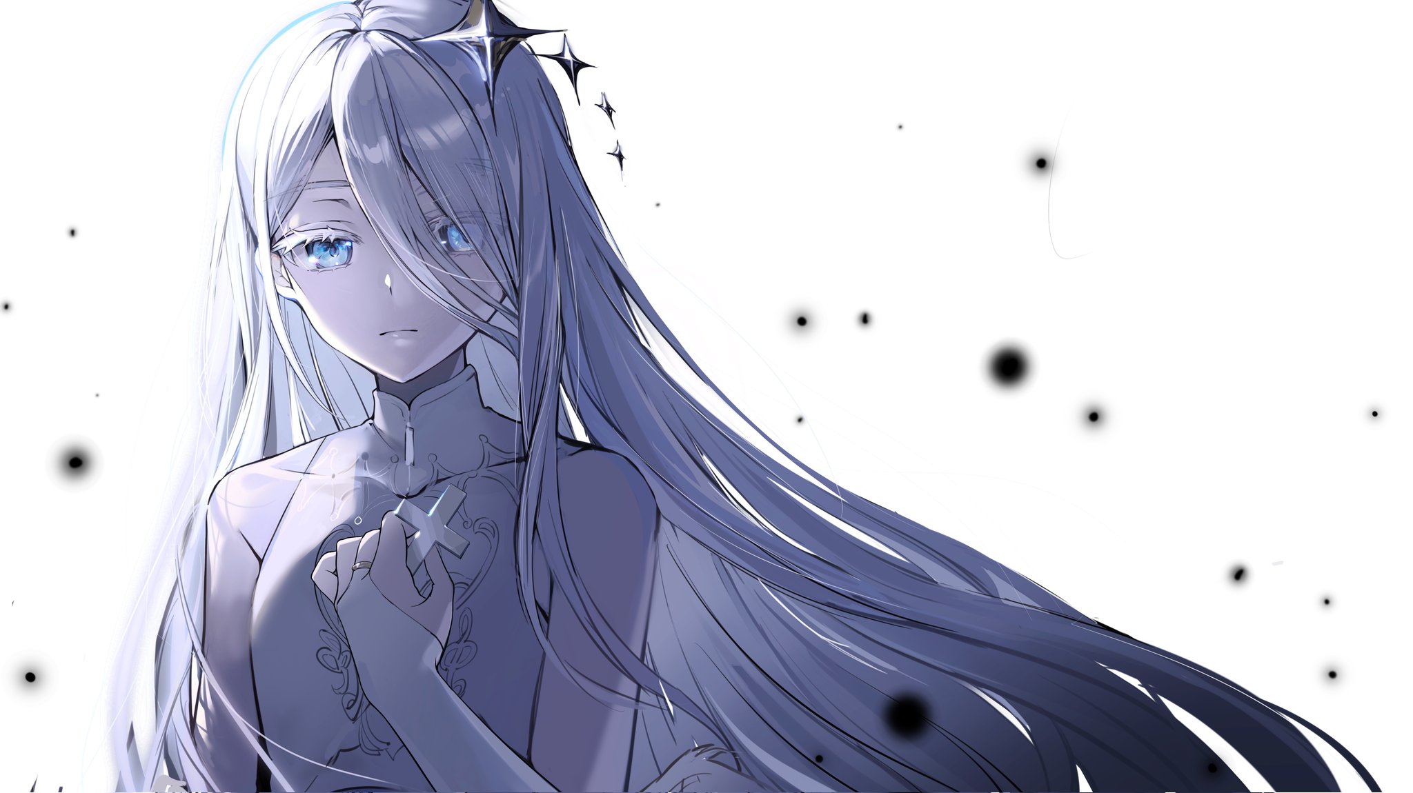 eamut1, yoisaki kanade, project sekai, commentary, highres, 1girl, bare shoulders, bloom festival (project sekai), blue eyes, breasts, closed mouth, collarbone, colored eyelashes, cross, dress, elbow gloves, expressionless, eyes visible through hair, gloves, hair between eyes, hair ornament, hair over one eye, hand up, high collar, holding, holding cross, jewelry, light particles, long hair, looking at viewer, official alternate costume, official alternate hair length, official alternate hairstyle, ring, simple background, sleeveless, sleeveless dress, small breasts, solo, star (symbol), star hair ornament, swept bangs, upper body, very long hair, white background, white dress, white eyelashes, white hair