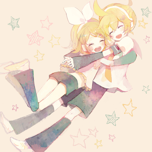 pechika, kagamine len, kagamine rin, vocaloid, bad id, bad pixiv id, 1boy, 1girl, blonde hair, brother and sister, chibi, detached sleeves, hair ornament, hairclip, hetero, hug, necktie, ribbon, short hair, shorts, siblings, smile, twins, yellow necktie