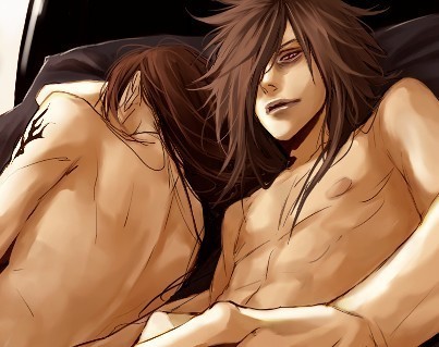 lily (artist), uchiha itachi, uchiha madara, naruto (series), naruto shippuuden, lowres, 2boys, incest, male focus, multiple boys, nude, tattoo, topless male, yaoi