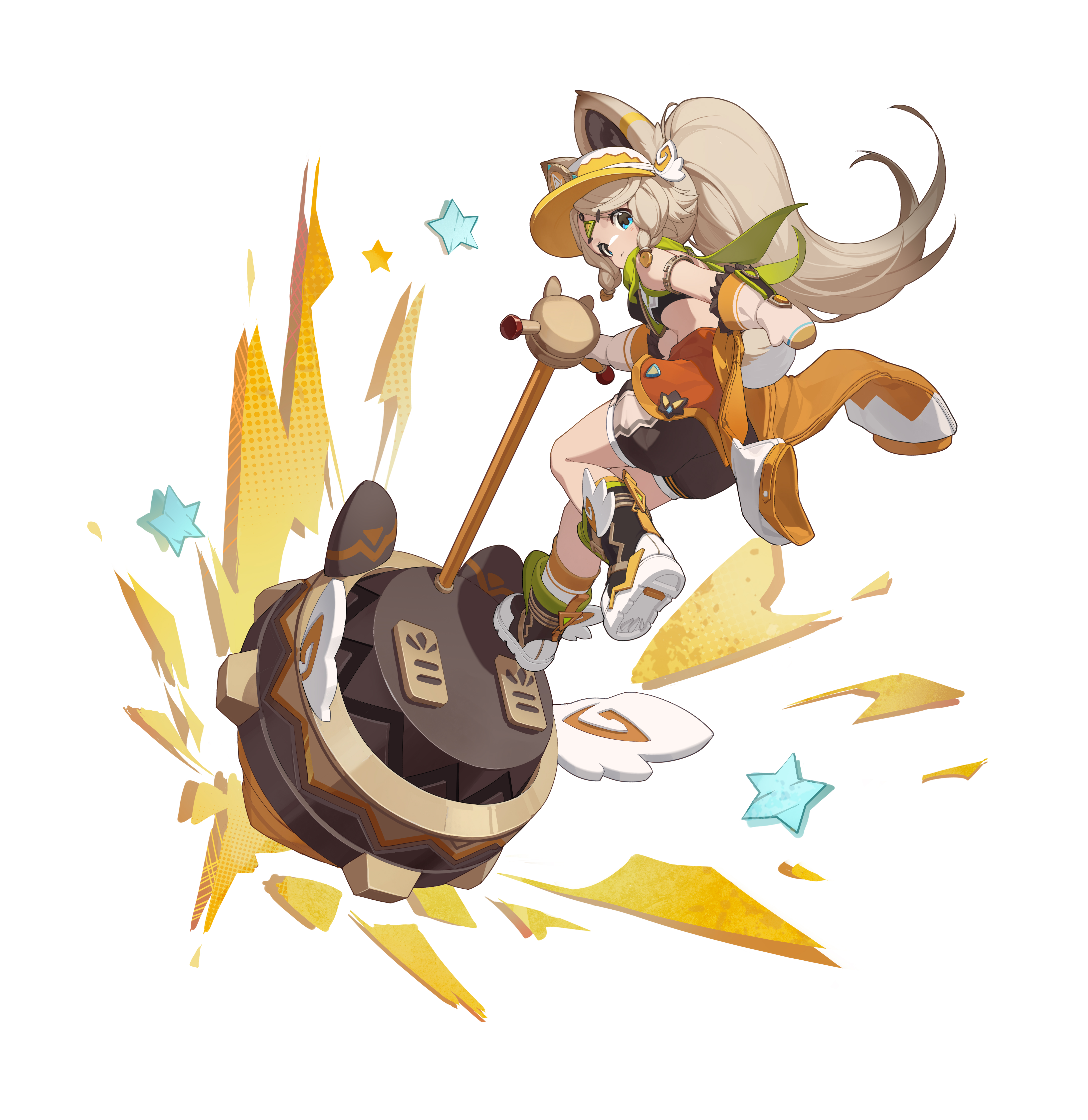 fenlinhuoshan, kachina (genshin impact), genshin impact, absurdres, highres, 1girl, animal ears, bike shorts, black shorts, blue eyes, braid, breasts, brown hair, fang, full body, gloves, green eyes, holding, jacket, long hair, looking at viewer, open mouth, orange jacket, ponytail, shoes, shorts, simple background, sneakers, solo, star (symbol), tachi-e, visor cap, white background