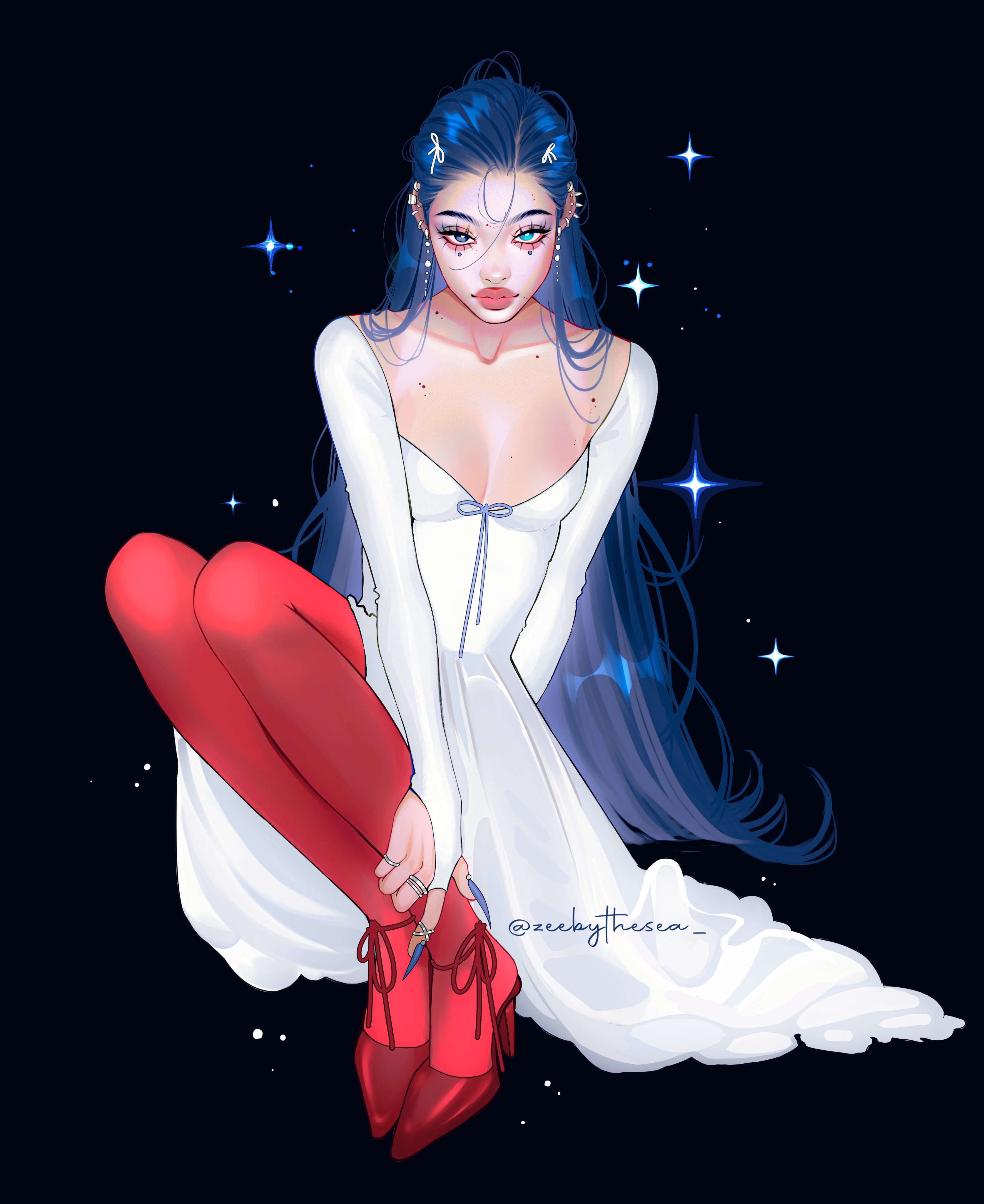 zeebythesea, umi (zeebythesea), original, absurdres, highres, 1girl, aegyo sal, arm behind back, asian, black background, blue eyes, blue hair, blue nails, blue ribbon, breasts, bridal gauntlets, cleavage, collarbone, d'orsay heels, dress, dress ribbon, ear piercing, earrings, eyelashes, fashion, fingernails, forehead, four-pointed star, full body, hair pulled back, hair ribbon, hand on own ankle, heterochromia, jewelry, knees up, light particles, long dress, long fingernails, long hair, looking at viewer, medium breasts, mole, mole on chest, mole on collarbone, mole on forehead, mole on neck, mole under each eye, mole under eye, mole under mouth, multiple moles, multiple rings, nail polish, pantyhose, pearl earrings, piercing, pink lips, red pantyhose, red shoes, ribbon, ring, scoop neck, shoes, sitting, spiked ear piercing, strappy heels, thick eyebrows, thick lips, twitter username, very long hair, white bridal gauntlets, white dress, white ribbon