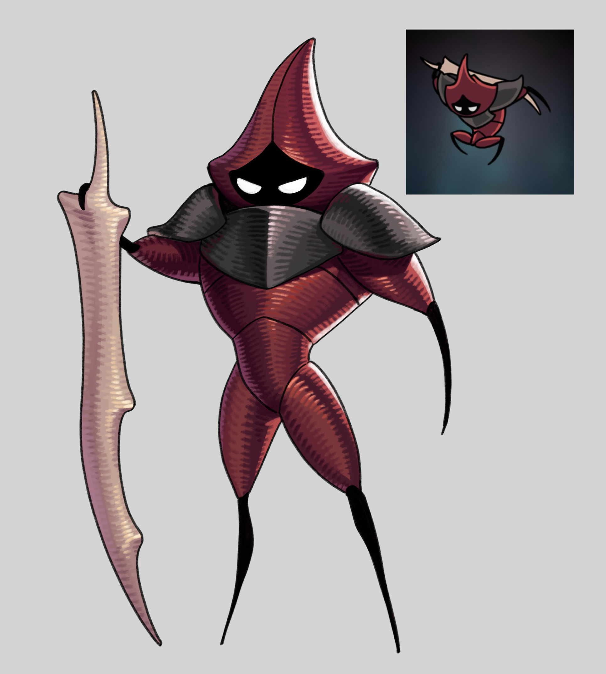 hollow knight, hollow knight: silksong, commentary, commission, highres, arthropod limbs, bone weapon, colored skin, full body, holding, holding weapon, inset, karaka (hollow knight), leafjuly, red skin, solo, weapon, white eyes