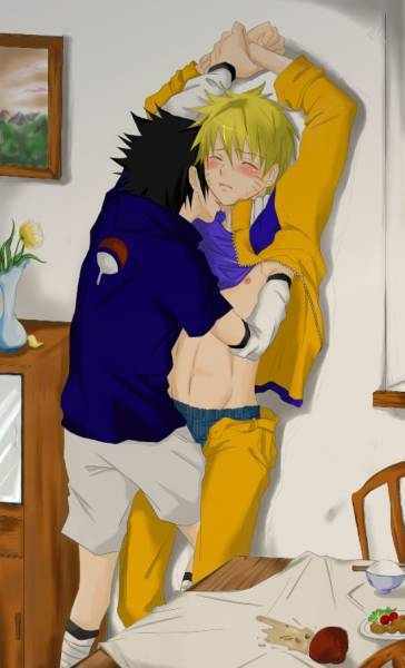 uchiha sasuke, uzumaki naruto, naruto (classic), naruto (series), artist request, jpeg artifacts, 2boys, against wall, black hair, blonde hair, blush, closed eyes, clothes lift, knees, male focus, multiple boys, open clothes, open shirt, restrained, shirt, shirt lift, undressing, unzipped, yaoi