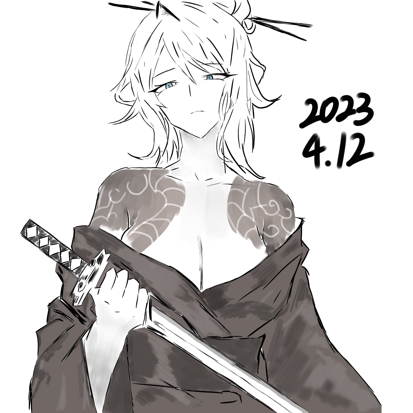 faust (project moon), kurokumo clan (identity) (project moon), limbus company, project moon, artist request, highres, blue eyes, breasts, chopsticks, cleavage, hair ornament, hairpin, holding, holding sword, holding weapon, japanese clothes, katana, kimono, large breasts, looking at viewer, multiple hairpins, obi, off shoulder, sash, shoulder tattoo, sword, tattoo, weapon, white hair