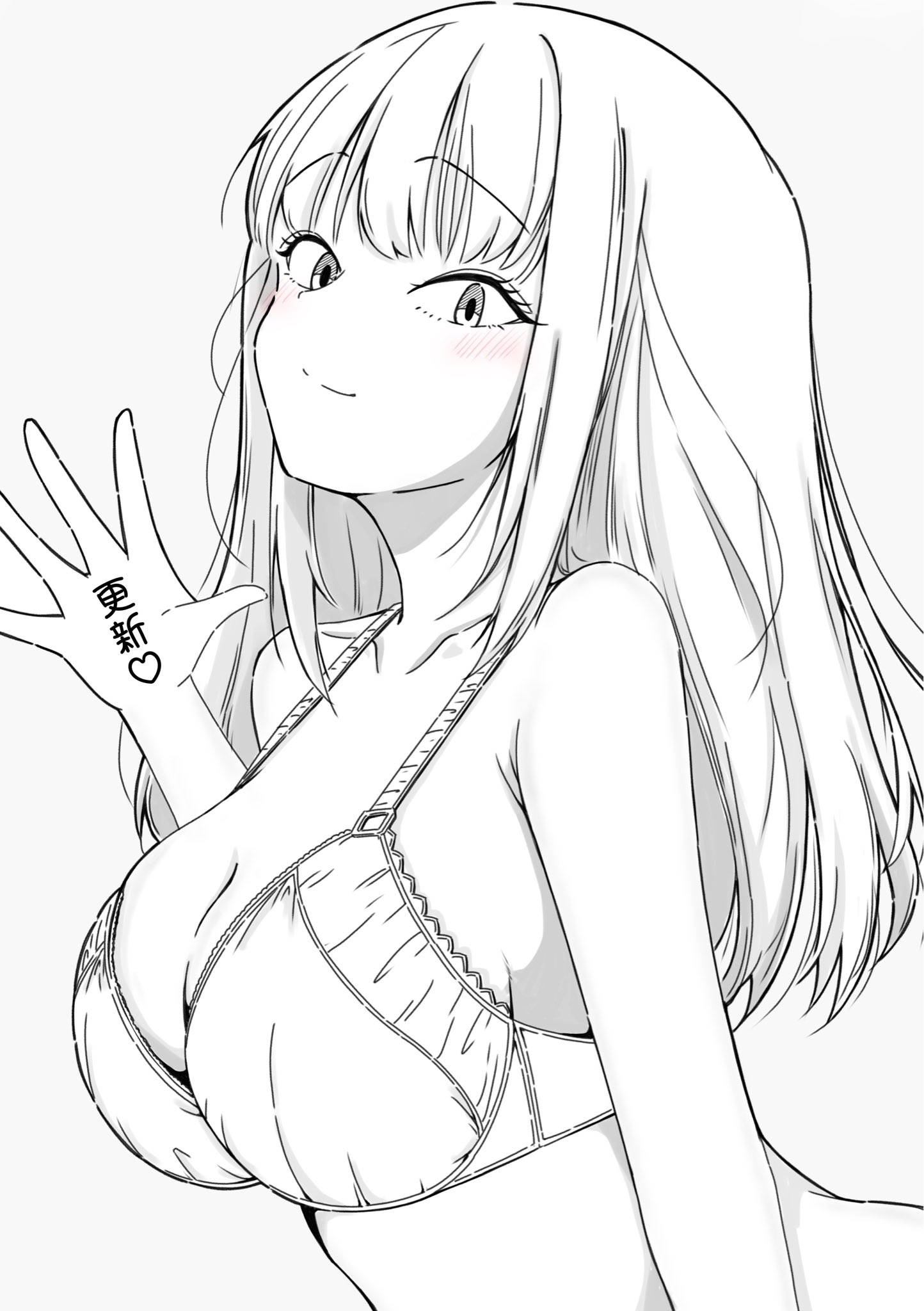 azuminonomizua, katou asuka, watashi ga motenai no wa dou kangaetemo omaera ga warui!, commentary request, highres, translation request, 1girl, blonde hair, blush, bra, breasts, collarbone, greyscale, hair between eyes, large breasts, lineart, long hair, looking at viewer, monochrome, smile, solo, underwear, underwear only, white bra