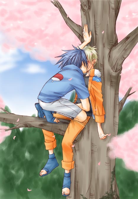 uchiha sasuke, uzumaki naruto, naruto (classic), naruto (series), artist request, 2boys, blush, kiss, male focus, multiple boys, nature, outdoors, sky, tree, yaoi