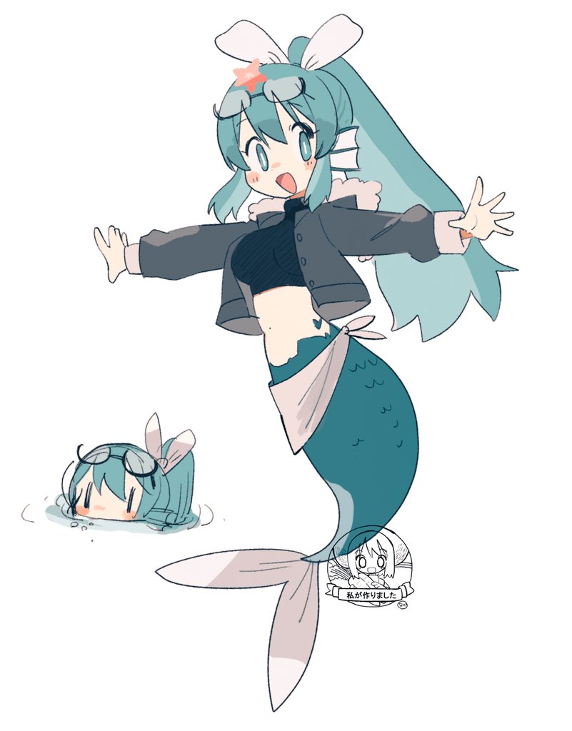 naka (buttergirl 02), original, commentary, 1girl, blue-framed eyewear, blush, breasts, chibi, coat, crop top, fins, fur collar, hair ornament, head fins, high ponytail, long hair, looking at viewer, medium breasts, mermaid, monster girl, navel, open clothes, open coat, open mouth, partially submerged, ponytail, ribbon, sarong, semi-rimless eyewear, signature, starfish hair ornament, under-rim eyewear, white ribbon, | |