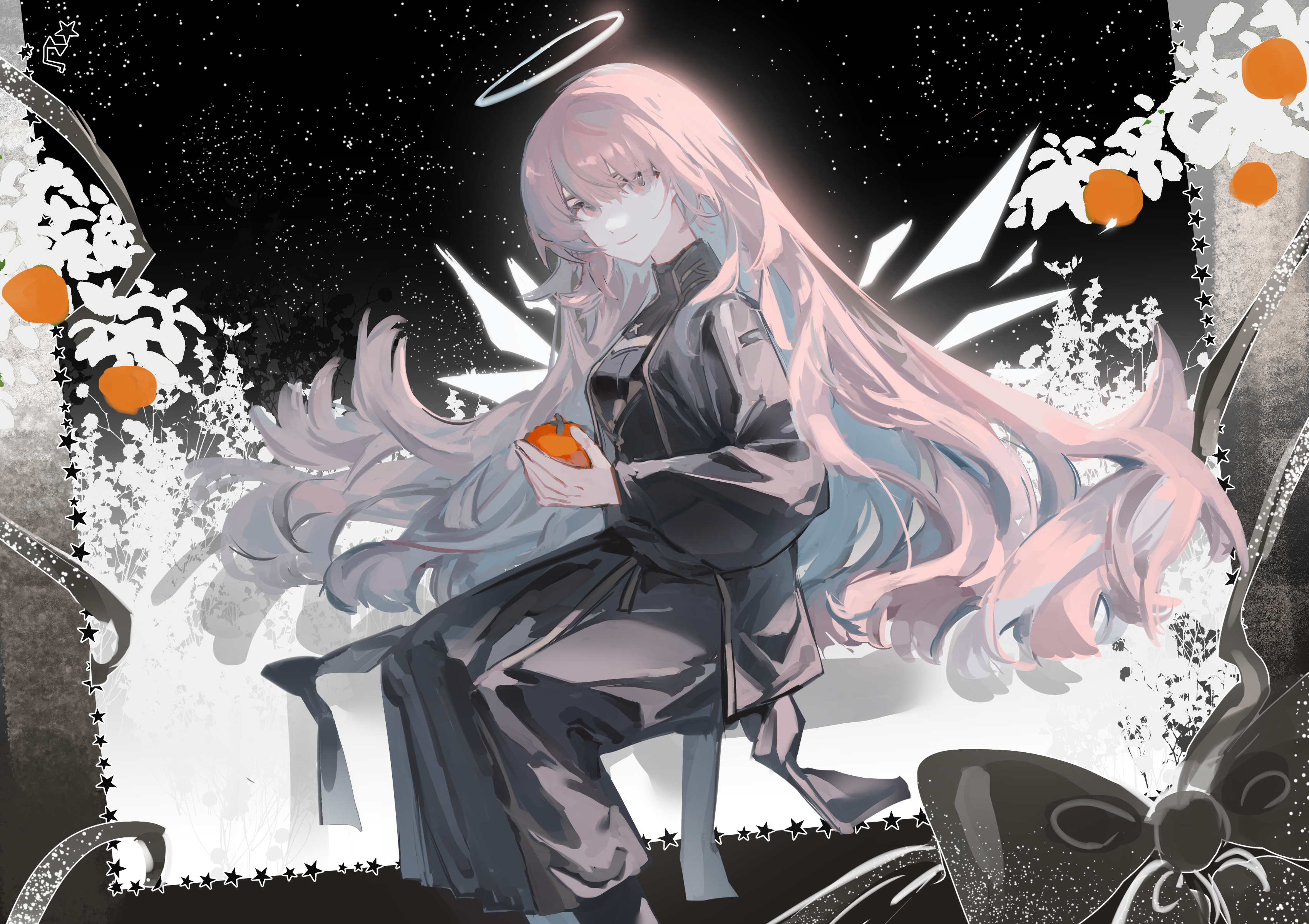 enddie1060 (tyasakura), lemuen (arknights), arknights, absurdres, chinese commentary, commentary, highres, 1girl, black jacket, black skirt, closed mouth, feet out of frame, food, hair between eyes, halo, holding, holding food, jacket, long hair, long skirt, long sleeves, pink eyes, pink hair, sitting, skirt, smile, solo, star (symbol), traditional halo, white halo