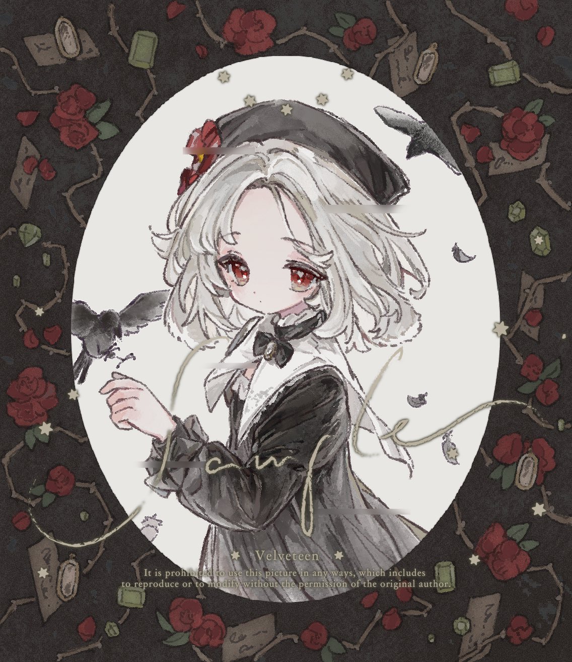 tushou, original, commentary, highres, symbol-only commentary, 1girl, bird, black bird, black bow, black bowtie, black dress, bow, bowtie, closed mouth, collar, copyright notice, dark background, dot mouth, dot nose, dress, english text, expressionless, flower, forehead, from side, hand up, heart, heart in eye, light blush, long sleeves, looking at viewer, looking to the side, medium hair, parted bangs, red eyes, red flower, red rose, rose, sample watermark, solo, standing, straight hair, symbol in eye, watermark, white background, white collar, white hair