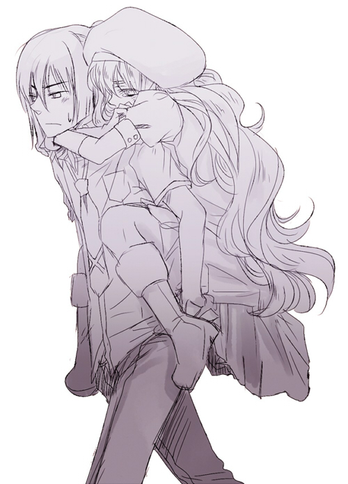 akieru, akieru nomaki, saotome alto, sheryl nome, macross, macross frontier, 00s, 1boy, 1girl, carrying, hat, monochrome, piggyback, purple theme, sketch