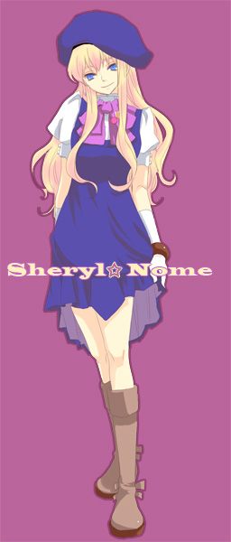 akieru, akieru nomaki, sheryl nome, macross, macross frontier, 00s, 1girl, blonde hair, blue dress, blue eyes, boots, bow, bowtie, brown boots, dress, female focus, full body, hat, head tilt, knee boots, long hair, looking at viewer, pink bow, pink bowtie, purple background, simple background, solo, standing, very long hair