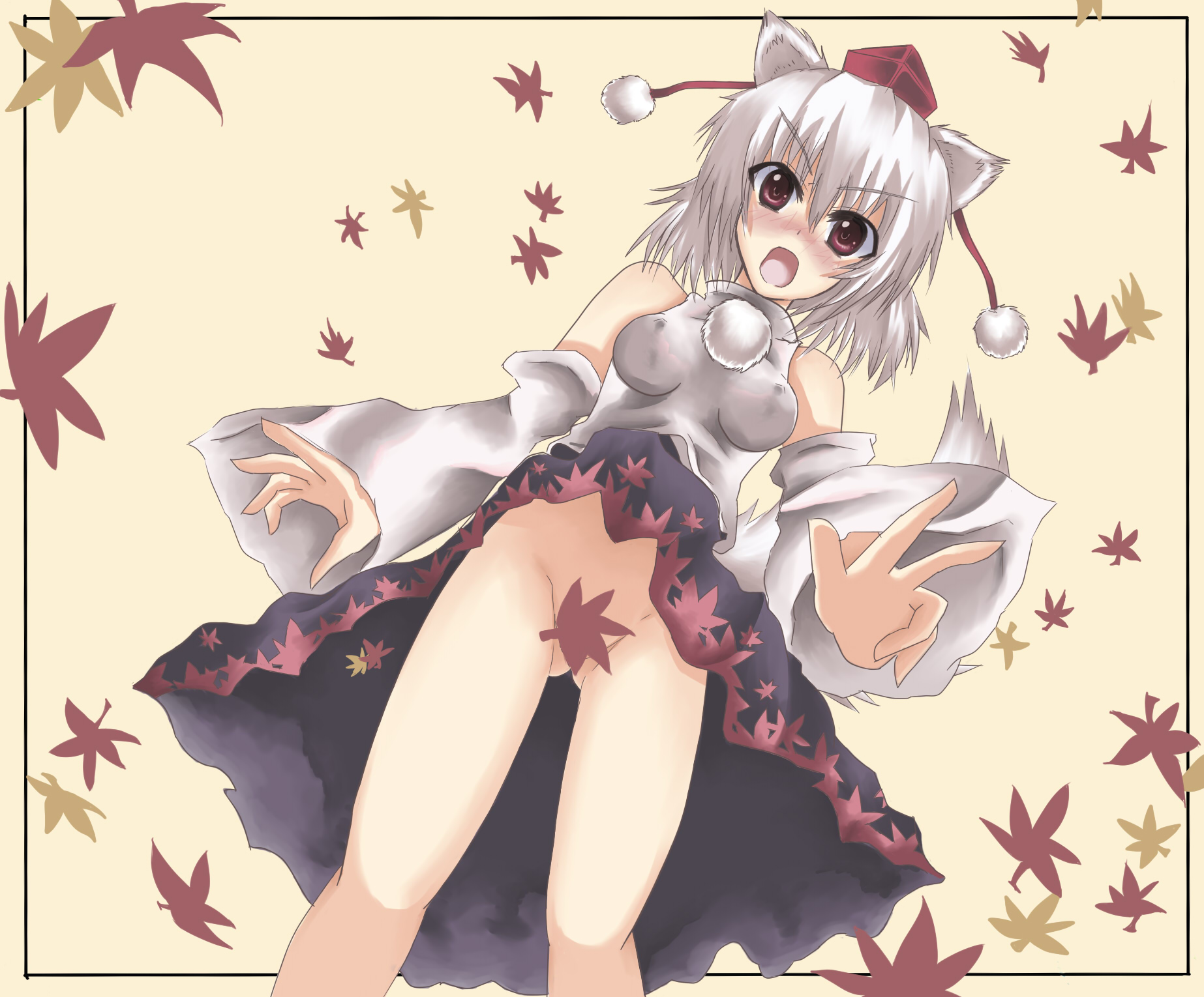 pugbun, inubashiri momiji, touhou, silver hair, highres, 1girl, animal ears, bare shoulders, blush, breasts, censored, convenient censoring, covered erect nipples, detached sleeves, female focus, hat, impossible clothes, impossible shirt, leaf, leaf censor, looking down, medium breasts, no panties, red eyes, shirt, simple background, solo, tail, upskirt, wolf ears, wolf tail
