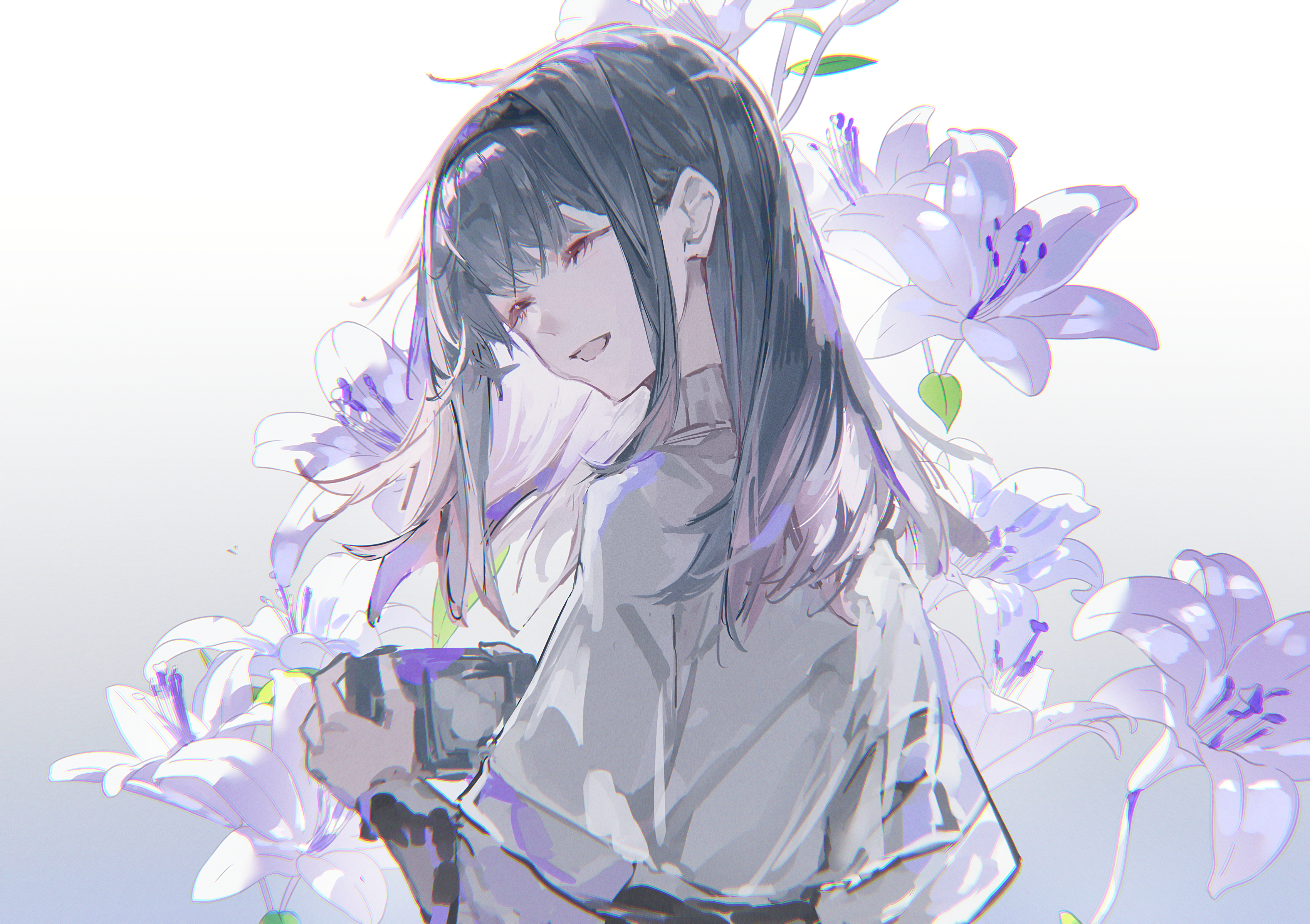 enddie1060 (tyasakura), priestess (arknights), arknights, absurdres, chinese commentary, commentary request, highres, 1girl, :d, ^ ^, black hair, black hairband, chromatic aberration, closed eyes, facing viewer, flower, gradient background, grey background, hairband, holding, jacket, long sleeves, medium hair, open mouth, smile, solo, upper body, white background, white flower, white jacket