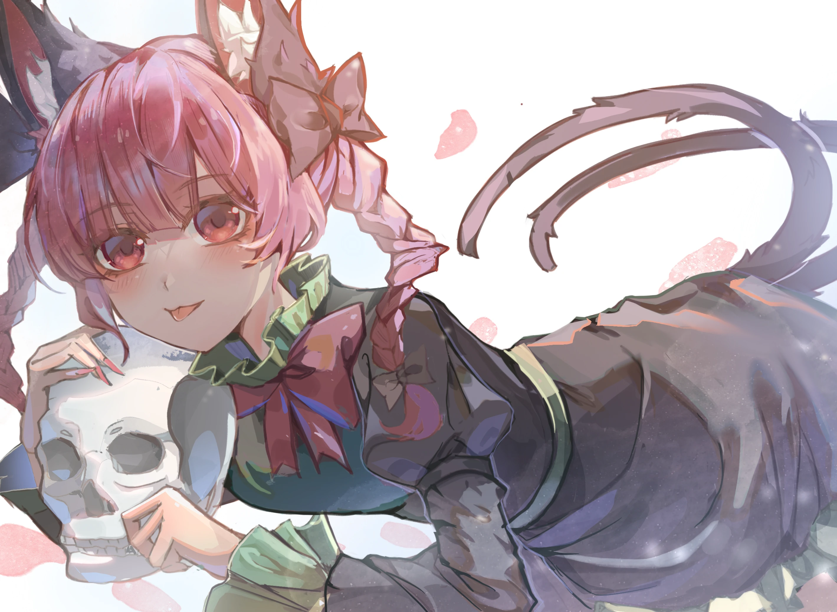 mao bing ge, kaenbyou rin, touhou, highres, animal ears, bow, braid, cat ears, cat tail, dress, extra ears, green bow, green dress, hair bow, holding, long sleeves, multiple tails, nekomata, open mouth, red hair, ribbon, skull, tail, third eye, tongue, twin braids, two tails, wheelbarrow