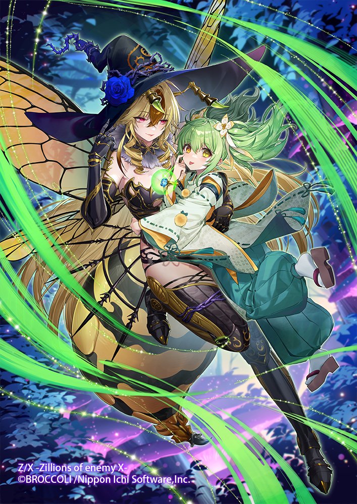 spinel (9057), z/x, official art, 2girls, abdomen tail, ahoge, akanbe, antennae, arthropod girl, bee girl, black boots, black gloves, black hair, black hat, black leotard, blonde hair, blue flower, blue rose, boots, breasts, carrying, cleavage, closed mouth, copyright notice, curly hair, domeki kisara, elbow gloves, eyelid pull, flower, gloves, gold trim, green hair, green hakama, hair between eyes, hakama, hakama pants, hat, hat flower, insect girl, insect wings, japanese clothes, kimono, large breasts, leotard, light trail, multicolored hair, multiple girls, pants, red eyes, rose, sandals, shoes, thigh boots, tongue, tongue out, twintails, vesparose, white shoes, wings, witch hat, zouri