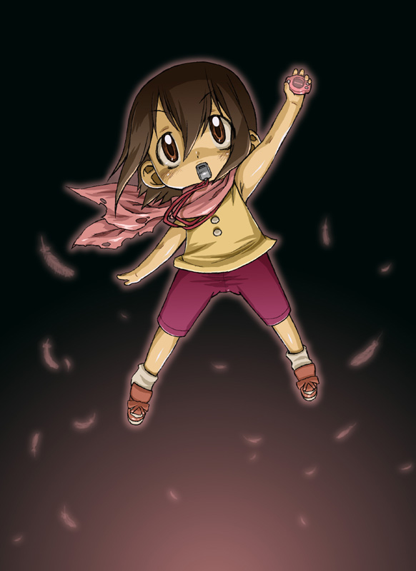 harukaze unipo, unipo, yagami hikari, digimon, digimon adventure, bad id, bad pixiv id, 1girl, arm up, armpits, blush, brown eyes, brown hair, child, digivice, feathers, female focus, mouth hold, orange eyes, scarf, shirt, shoes, short hair, shorts, sleeveless, sleeveless shirt, sneakers, socks, solo, torn clothes, whistle