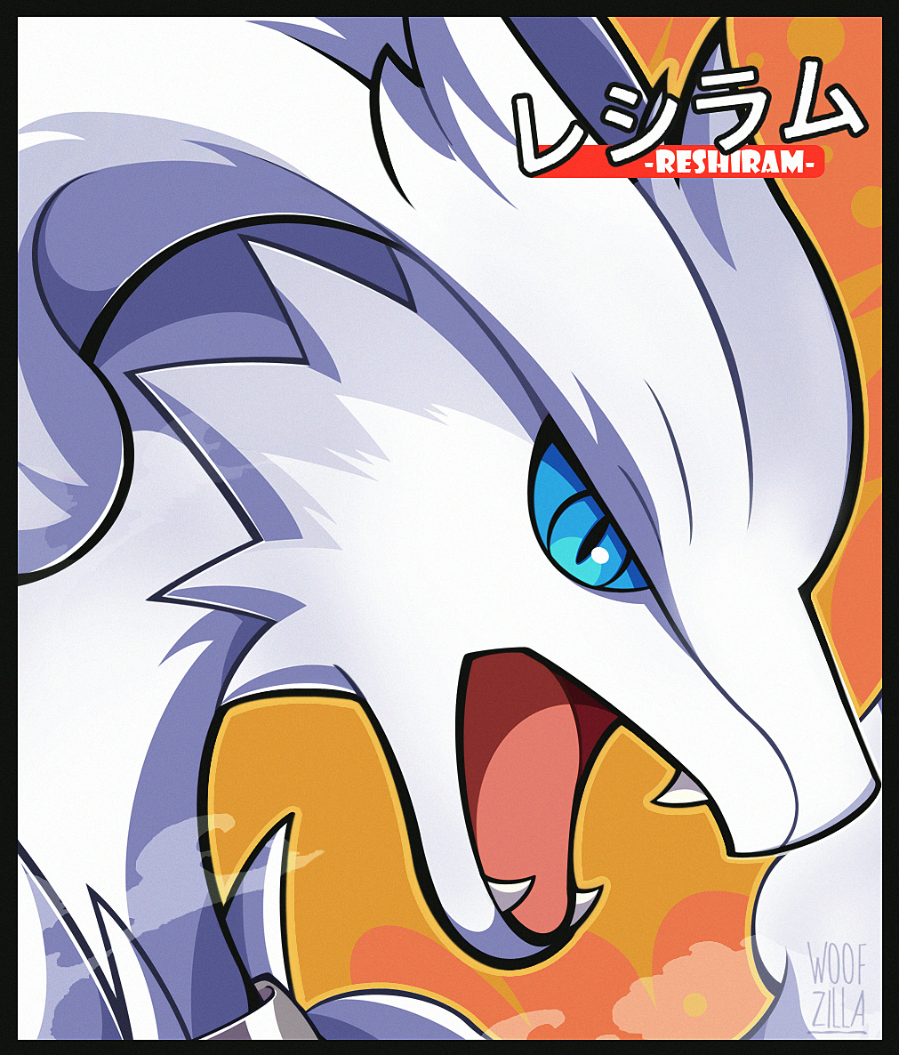 woofzilla, reshiram, nintendo, pokemon, commentary, english commentary, translation request, blue eyes, blue sclera, character name, colored sclera, gen 5 pokemon, legendary pokemon, no humans, open mouth, orange background, orange sky, outdoors, pokemon (creature), sky, slit pupils, solo