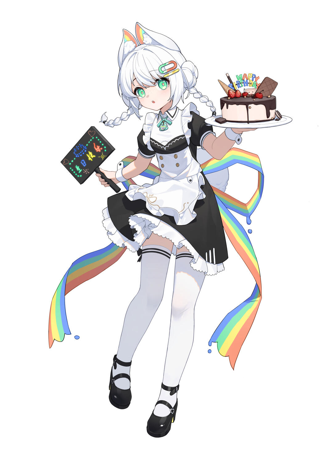 fenlinhuoshan, original, bad source, highres, 1girl, animal ear fluff, animal ears, apron, birthday cake, black dress, bow, braid, breasts, cake, double bun, dress, food, frilled apron, frilled dress, frills, fruit, full body, green eyes, hair between eyes, hair bun, hair ornament, hairclip, happy birthday, holding, holding tray, long hair, looking at viewer, maid, mary janes, menu, parted lips, pink pupils, puffy short sleeves, puffy sleeves, rainbow, rainbow bow, ribbon, shoes, short sleeves, simple background, solo, standing, strawberry, thighhighs, tray, twin braids, waist apron, white apron, white background, white hair, white thighhighs, wrist cuffs