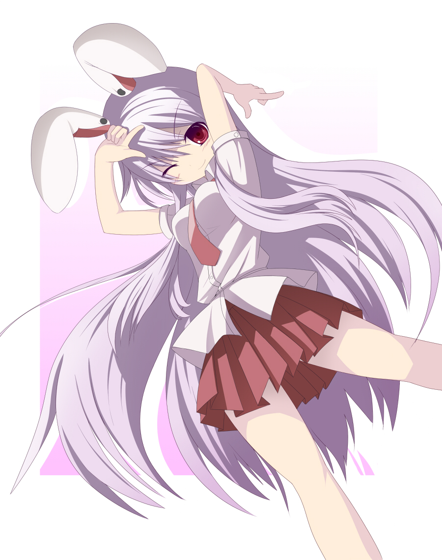 miko machi, reisen udongein inaba, touhou, 1girl, animal ears, female focus, necktie, one eye closed, purple hair, rabbit ears, red eyes, red necktie, skirt, solo, wink
