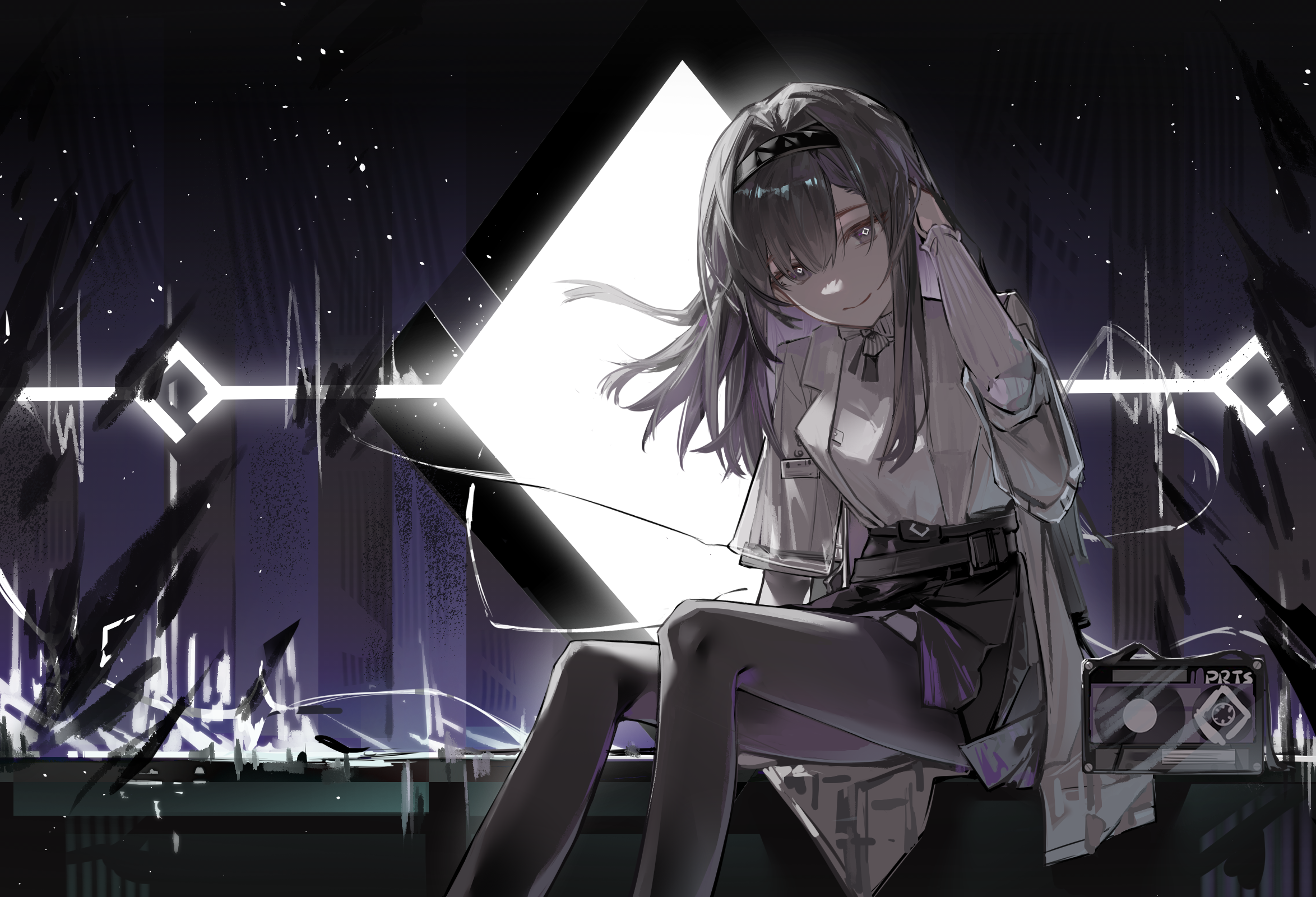 enddie1060 (tyasakura), priestess (arknights), arknights, chinese commentary, commentary request, highres, 1girl, arm up, black eyes, black hair, black hairband, black pantyhose, character name, closed mouth, feet out of frame, hair between eyes, hairband, hand in own hair, initial, light particles, long hair, long sleeves, looking at viewer, pantyhose, prts logo (arknights), sitting, smile, solo