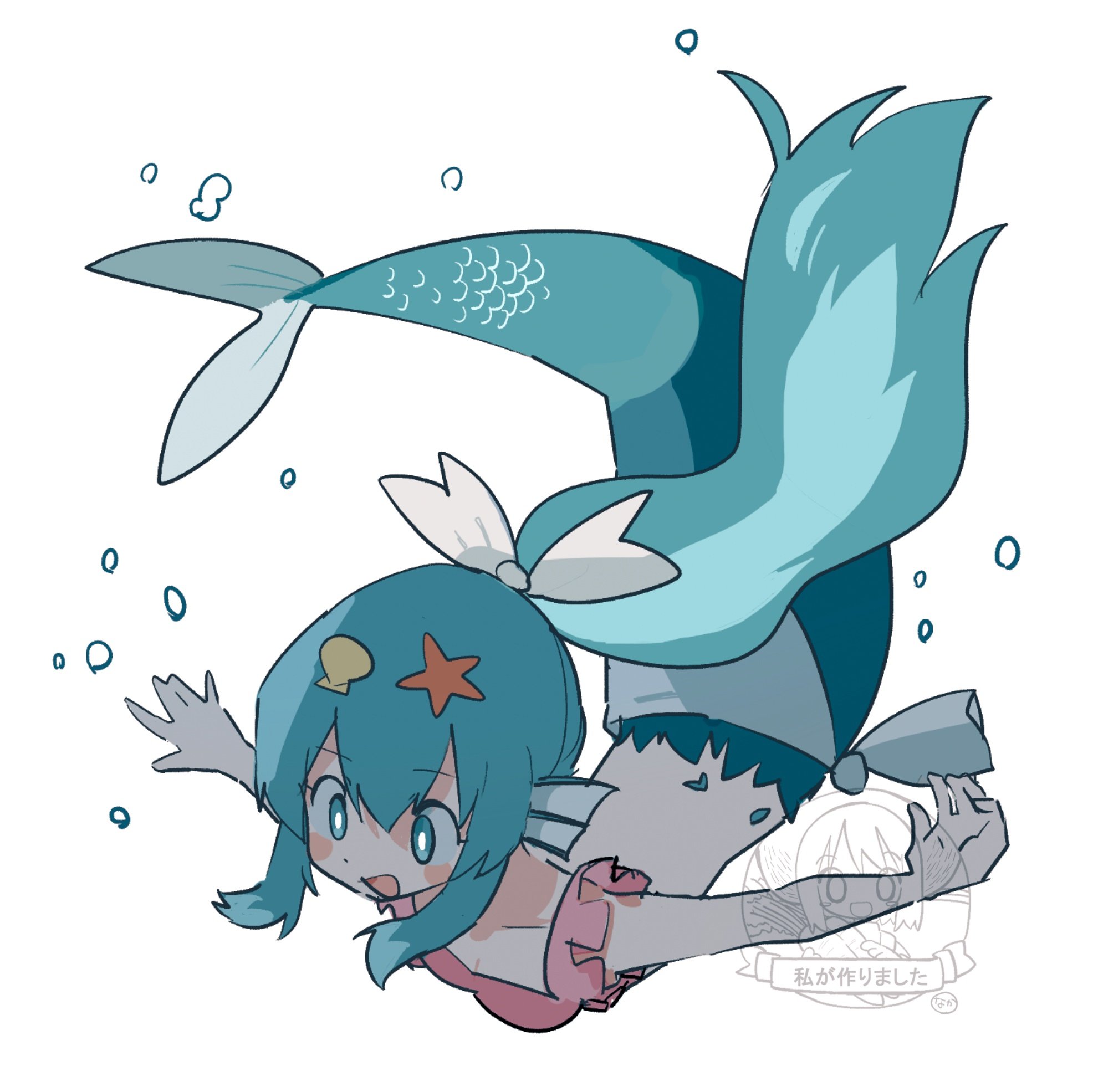 naka (buttergirl 02), original, commentary request, highres, 1girl, blue eyes, blue hair, blush, bubble, fins, hair ornament, head fins, high ponytail, mermaid, monster girl, open mouth, outstretched arms, ponytail, ribbon, sarong, scales, sidelocks, signature, simple background, starfish hair ornament, white ribbon, white sarong