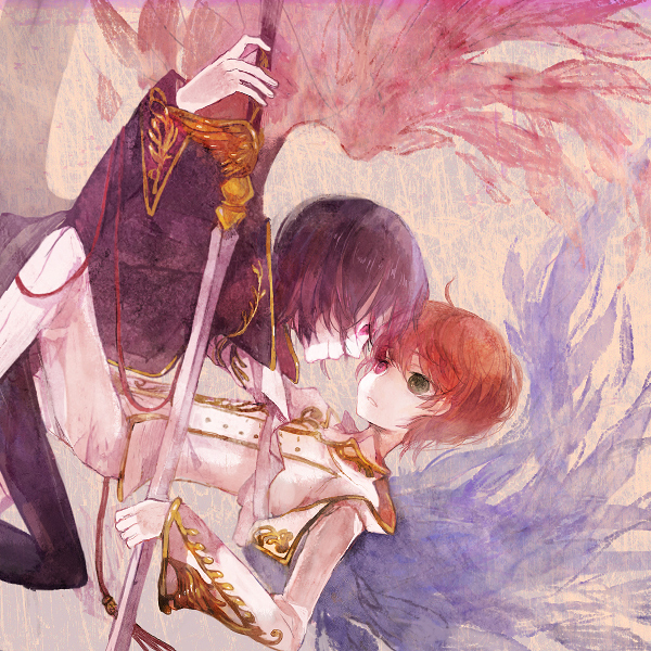 pechika, kururugi suzaku, lelouch vi britannia, code geass, bad id, bad pixiv id, 00s, 2boys, black hair, brown hair, cape, gloves, male focus, multiple boys, sword, weapon, wings
