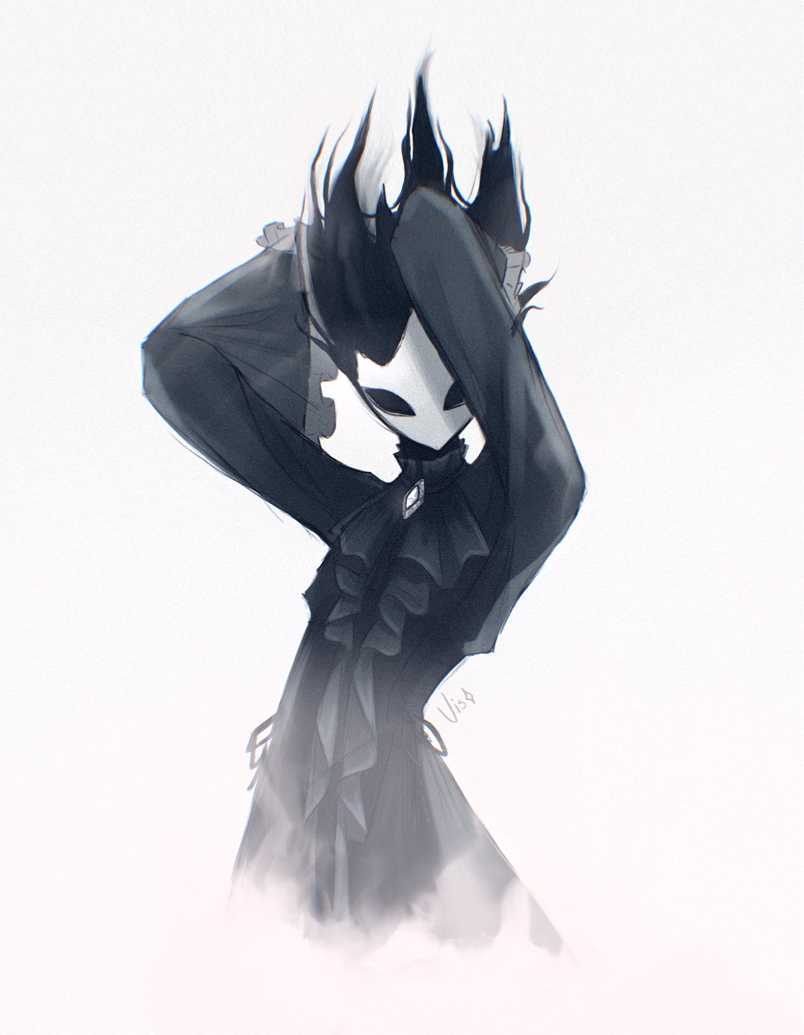 phantom (hollow knight), hollow knight, hollow knight: silksong, highres, 1other, arms up, artist name, black hair, black skin, broken mask, colored skin, long sleeves, looking at viewer, mask, solo, visarrayx, wide sleeves