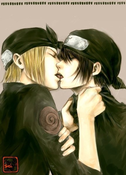 gekkou hayate, shiranui genma, naruto (classic), naruto (series), artist request, 2boys, kiss, male focus, multiple boys, yaoi