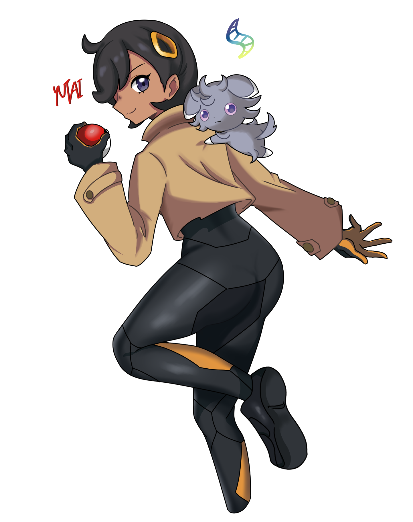 emma (pokemon), espurr, nintendo, pokemon, pokemon legends: z-a, commentary, highres, 1girl, aged up, ass, black bodysuit, black hair, black shoes, blue eyes, bodysuit, bodysuit under clothes, brown jacket, closed mouth, cropped legs, dark-skinned female, dark skin, from behind, gen 6 pokemon, gloves, hair between eyes, hair ornament, hand up, holding, holding poke ball, hy yutai, jacket, looking at viewer, outline, poke ball, poke ball (basic), pokemon (creature), pokemon on back, profile, shoes, short hair, sidelocks, signature, smile, standing, standing on one leg, swept bangs, transparent background, white outline