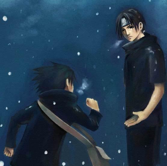 uchiha itachi, uchiha sasuke, naruto (classic), naruto (series), artist request, brothers, cold, leaf, running, siblings, snow, winter
