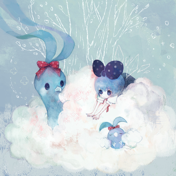 pechika, altaria, cirno, swablu, nintendo, pokemon, touhou, bad id, bad pixiv id, 1girl, blue eyes, blue hair, chibi, crossover, evolutionary line, female focus, gen 3 pokemon, matching hair/eyes, pokemon (creature), polka dot, ribbon, wings