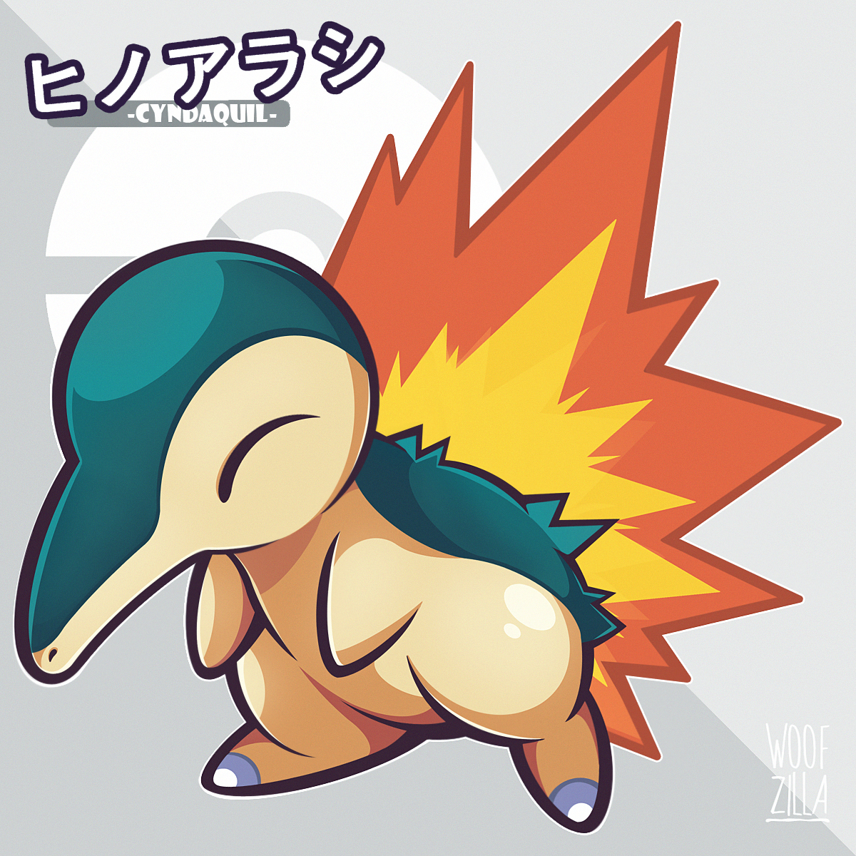 woofzilla, cyndaquil, nintendo, pokemon, commentary, english commentary, highres, translation request, character name, closed eyes, closed mouth, fire, full body, gen 2 pokemon, grey background, no humans, nostrils, pokemon (creature)