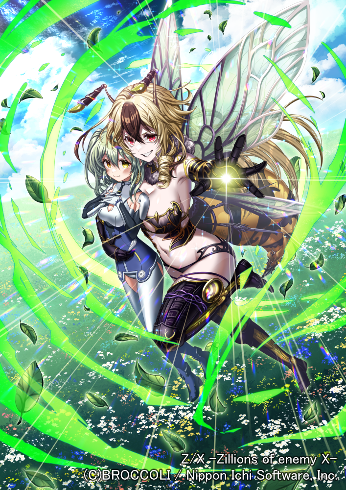 mikaxruno, z/x, official art, 2girls, abdomen tail, antennae, armor, armpits, arthropod girl, bee girl, bikini armor, black boots, black gloves, black hair, blonde hair, blue sky, bodysuit, boots, breasts, carrying, clenched teeth, closed mouth, cloud, cloudy sky, copyright notice, curly hair, domeki kisara, elbow gloves, gloves, green hair, hair between eyes, insect girl, insect wings, large breasts, leaf, meadow, multicolored hair, multiple girls, navel, outdoors, red eyes, revealing clothes, sky, smile, teeth, thigh boots, twintails, vesparose, wings