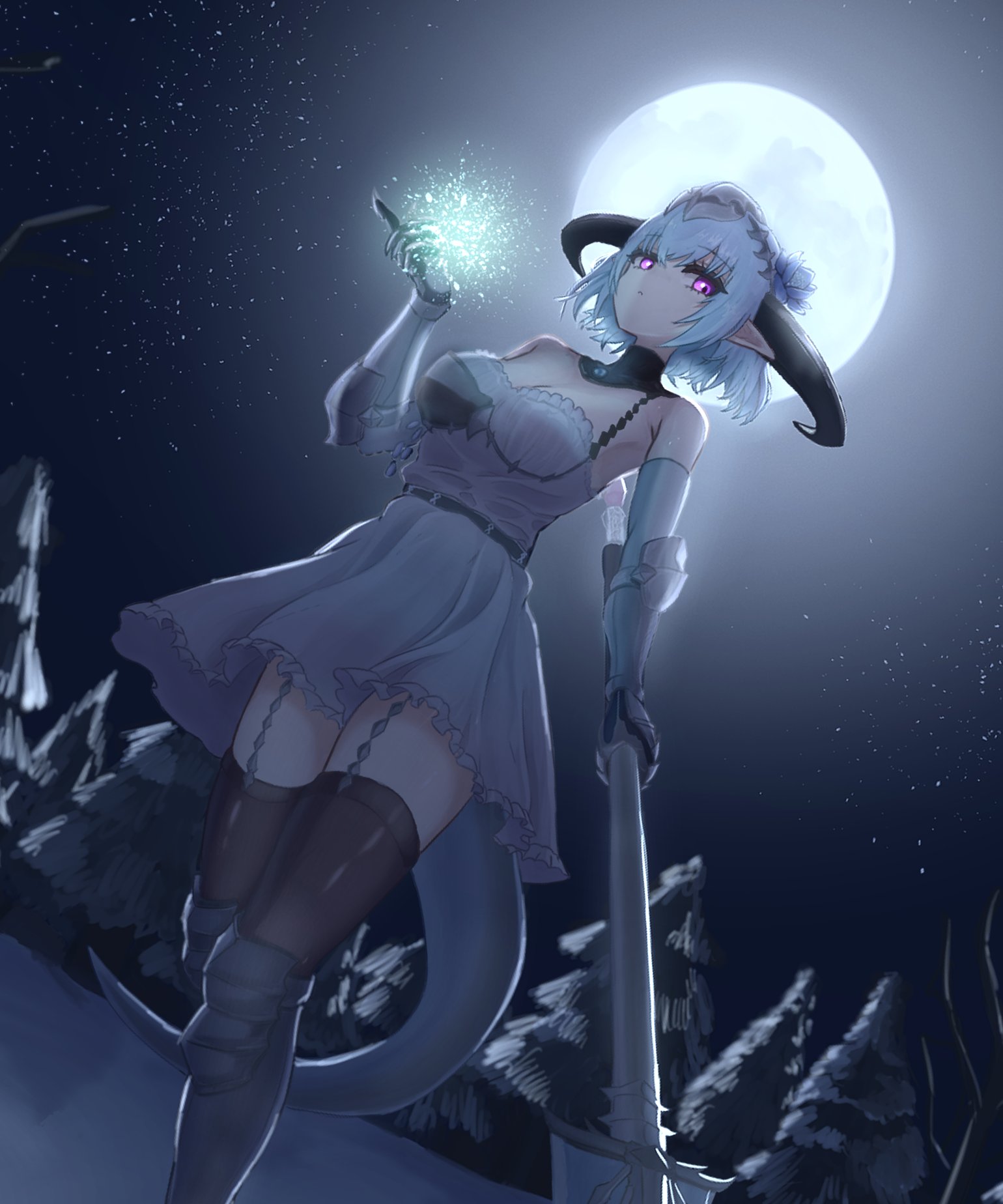 filene (shadowverse), shadowverse, shadowverse: worlds beyond, highres, 1girl, armor, bare shoulders, black horns, blue flower, blue hair, breasts, cleavage, curled horns, detached collar, dragon girl, dragon horns, dress, elbow gloves, flower, full moon, gauntlets, gloves, hair between eyes, hair flower, hair ornament, holding, holding polearm, holding weapon, horns, looking at viewer, medium breasts, moon, night, night sky, pink eyes, pointy ears, polearm, purple eyes, ryotefu illust, short hair, sky, solo, tail, upper body, weapon, white dress, white gloves