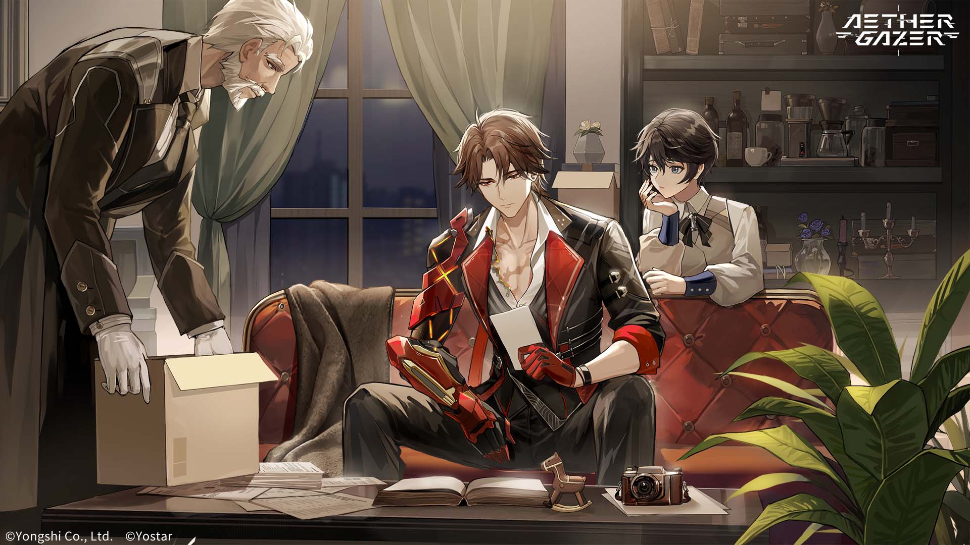 aether gazer, artist request, character request, highres, official art, 3boys, beard, black bow, black bowtie, black hair, black jacket, black necktie, black pants, blue eyes, book, bow, bowtie, box, brown eyes, brown hair, camera, closed mouth, collarbone, collared shirt, copyright name, copyright notice, curtains, facial hair, gloves, holding, holding box, jacket, multiple boys, necktie, open book, pants, plant, red gloves, rocking horse, shirt, sitting, tyr (aether gazer), white hair, white shirt, window