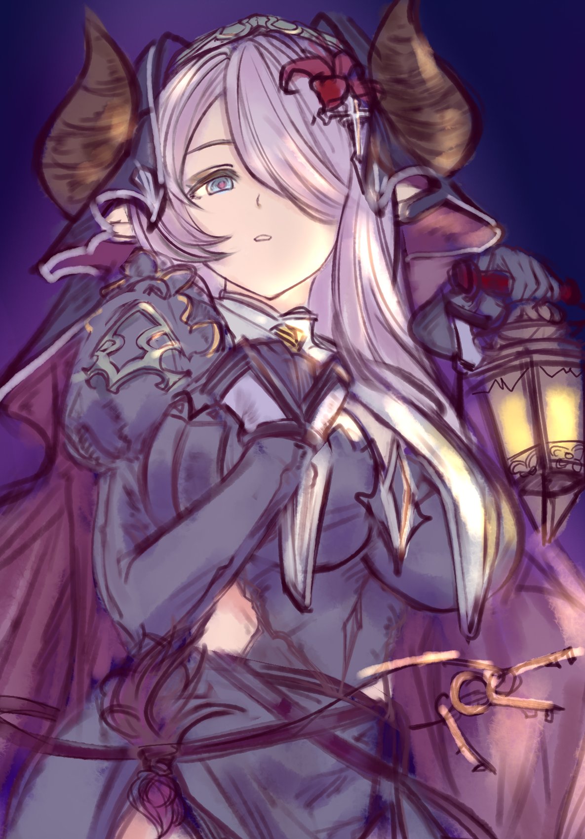 keqikehe, narmaya (granblue fantasy), tien (granblue fantasy), granblue fantasy, highres, 1girl, blue eyes, braid, breasts, cosplay, draph, gloves, hair ornament, hair over one eye, horns, lantern, large breasts, long hair, looking at viewer, pink hair, pointy ears, solo, tien (granblue fantasy) (cosplay)