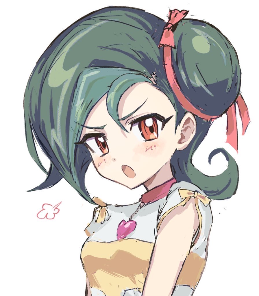 nataro 1116, mizuki kotori (yu-gi-oh!), yu-gi-oh!, yu-gi-oh! zexal, 1girl, :o, blush, green eyes, hair between eyes, heart, heart necklace, jewelry, looking at viewer, necklace, open mouth, puff of air, red eyes, solo, upper body, white background