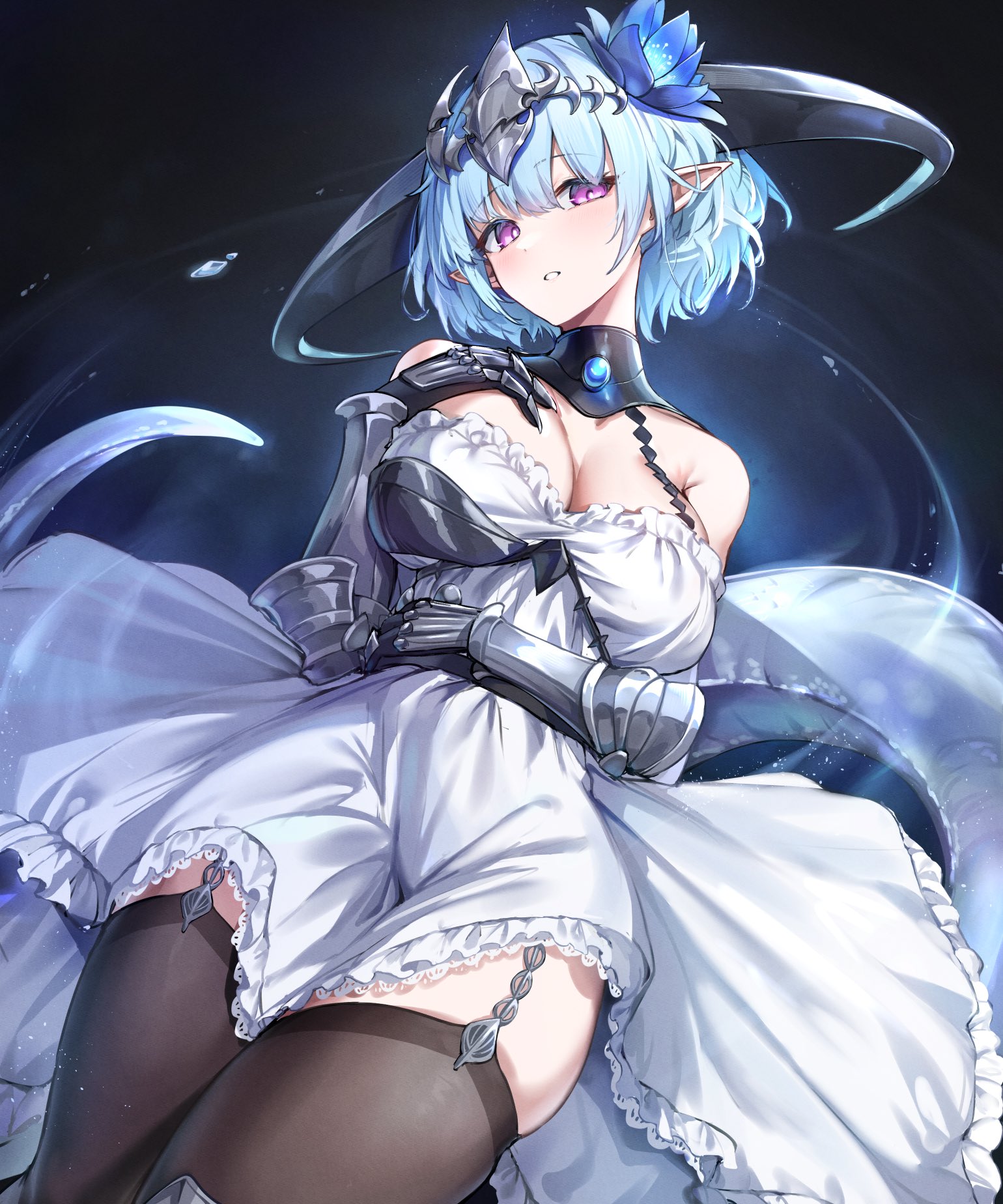 gu luco, filene (shadowverse), shadowverse, shadowverse: worlds beyond, highres, 1girl, armor, bare shoulders, black gloves, black horns, black thighhighs, blue flower, blue hair, breasts, cleavage, curled horns, detached collar, dragon girl, dragon horns, dress, elbow gloves, flower, gauntlets, gloves, hair between eyes, hair flower, hair ornament, horns, large breasts, looking at viewer, pink eyes, pointy ears, purple eyes, short hair, solo, tail, thighhighs, upper body, white dress