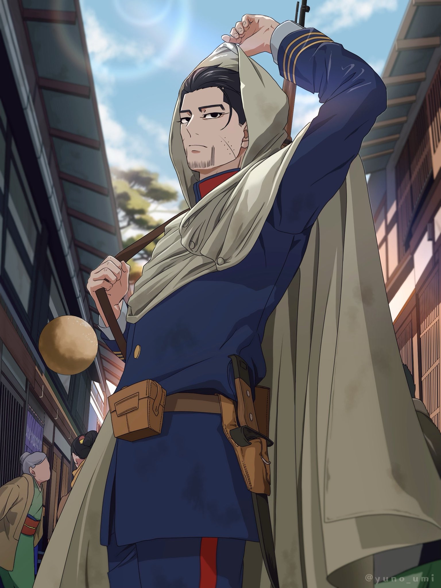 washiko (rasuko), ogata hyakunosuke, golden kamuy, highres, 1boy, 2girls, arm up, bag, black eyes, black hair, blue jacket, blue sky, cloak, closed mouth, facial hair, goatee stubble, grey cloak, gun, hood, hood up, hooded cloak, jacket, knife, long sleeves, looking at viewer, male focus, multiple girls, old, old woman, outdoors, rifle, satchel, scar, scar on face, short hair, sky, solo focus, stubble, twitter username, weapon