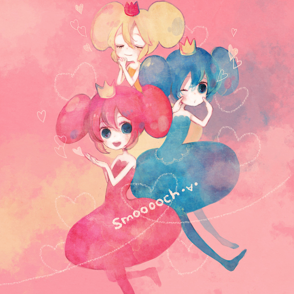 pechika, beatmania iidx, bemani, smooooch, bad id, bad pixiv id, 3girls, blonde hair, blue eyes, blue hair, blue pantyhose, chibi, crown, dress, multiple girls, pantyhose, pink hair, pink pantyhose