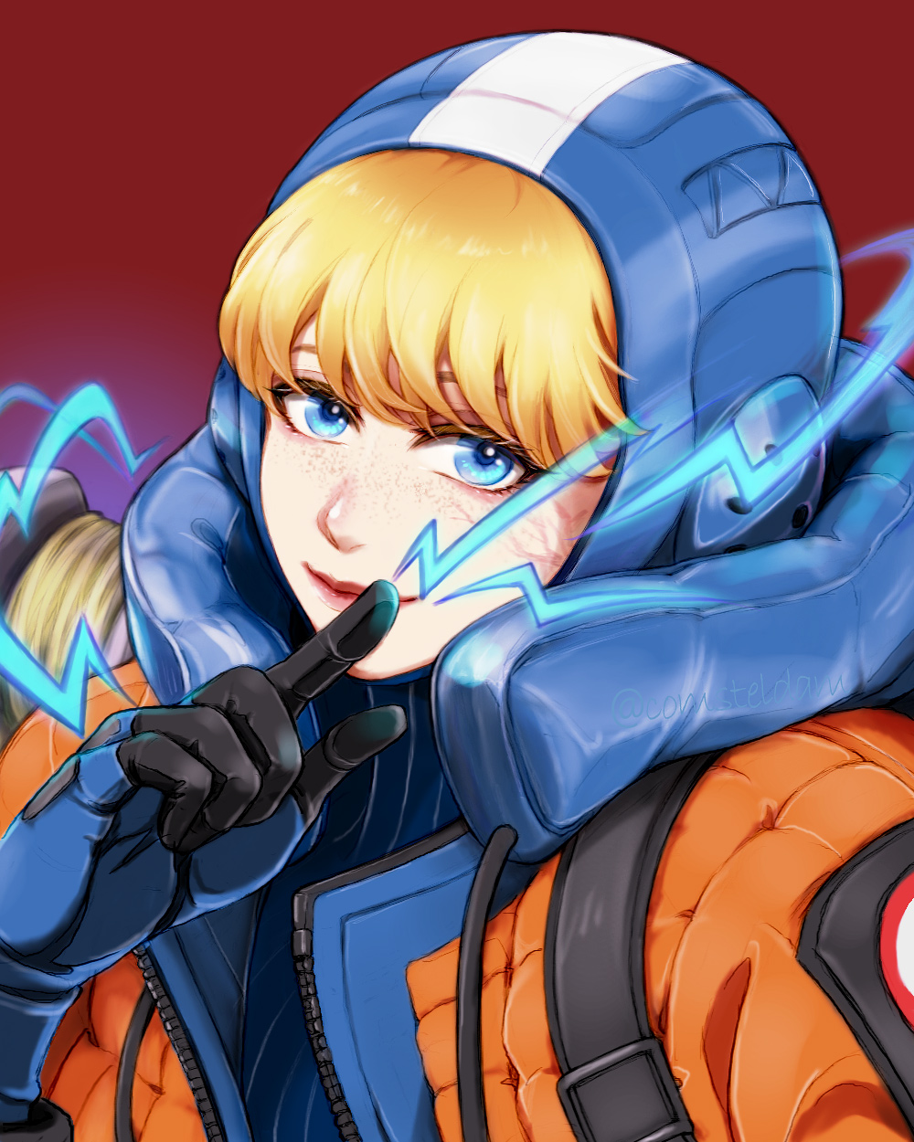 wattson (apex legends), apex legends, commentary request, highres, 1girl, blonde hair, blue eyes, blue gloves, bodysuit, comhiro, electricity, facial scar, freckles, gloves, hood, hooded bodysuit, jacket, lichtenberg figure, orange jacket, red background, ribbed bodysuit, scar, scar on cheek, scar on face, smile, solo, upper body