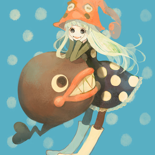 pechika, eruka frog, otama jackson, soul eater, bad id, bad pixiv id, lowres, 00s, 1girl, black eyes, dress, female focus, hat, pantyhose, smile, solo, tadpole, white hair, witch, witch hat, wizard hat