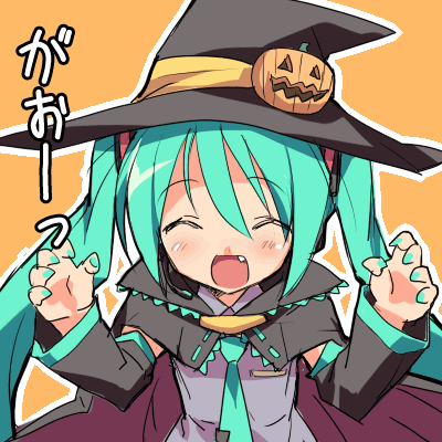 eeeeee, hatsune miku, vocaloid, animated, animated gif, check translation, lowres, translation request, 1girl, aqua eyes, aqua hair, blush, detached sleeves, embarrassed, fang, female focus, food-themed hair ornament, gao, hair ornament, halloween, happy, hat, jack-o'-lantern, long hair, necktie, pumpkin, pumpkin hair ornament, solo, twintails, witch hat