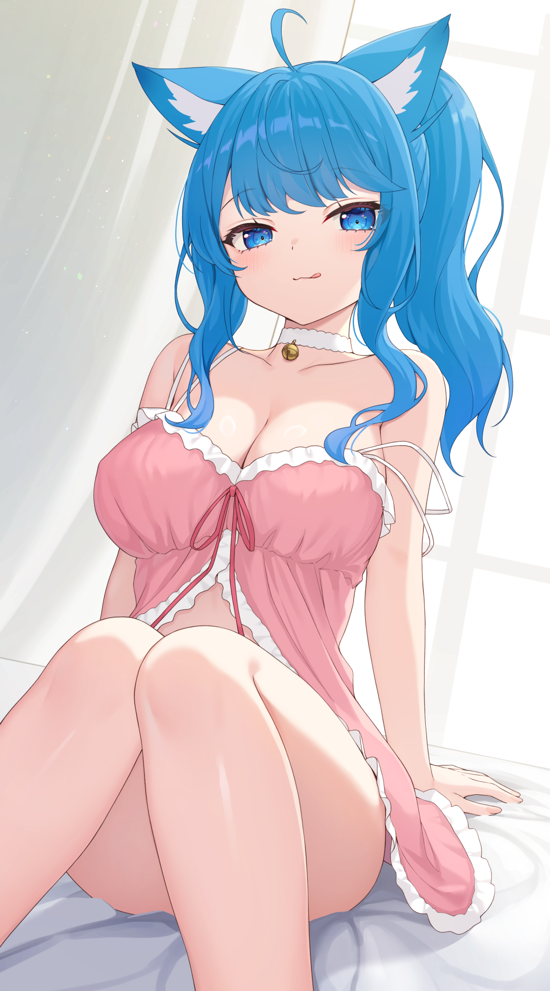 nishino eri, souya ichika, nanashi inc., highres, 1girl, :3, :q, ahoge, animal ears, babydoll, bare arms, bare legs, bare shoulders, bell, blue eyes, blue hair, breasts, cat ears, choker, cleavage, closed mouth, collarbone, convenient leg, feet out of frame, frilled babydoll, jingle bell, knees together feet apart, knees up, large breasts, long hair, looking at viewer, pink babydoll, ponytail, sitting, smile, solo, spaghetti strap, strap slip, thighs, tongue, tongue out, virtual youtuber, white choker