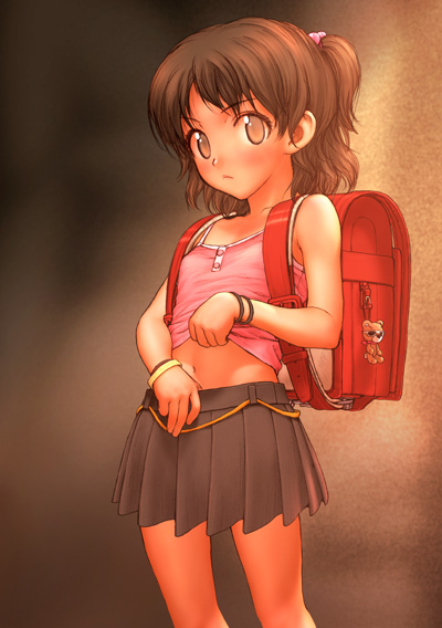 rustle, original, 1girl, backpack, bag, camisole, clothes lift, female focus, flat chest, hair bobbles, hair ornament, loli, midriff, presenting, randoseru, shirt lift, skirt, solo